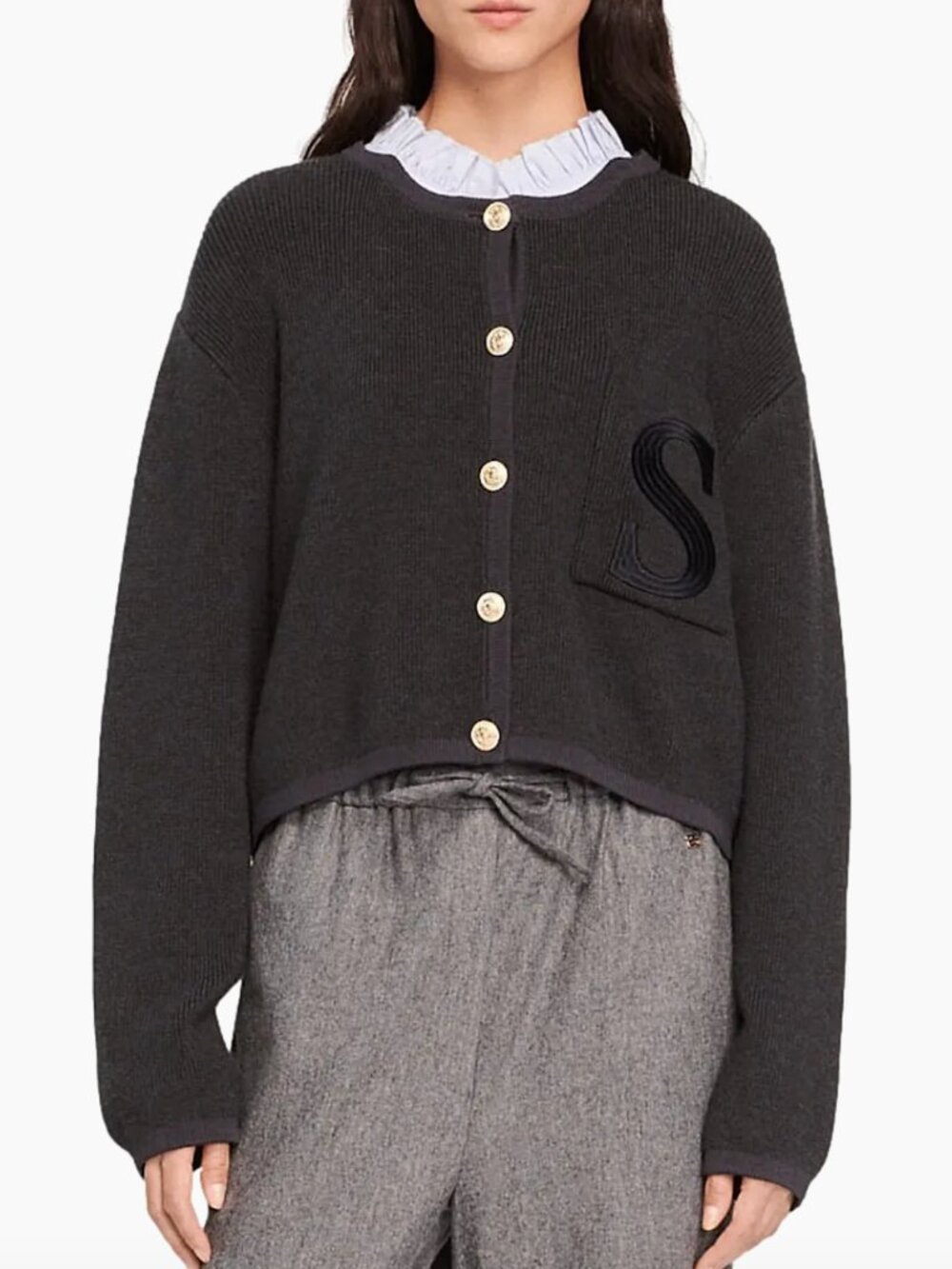 Sandro Knit Cardigan With Ruffled Collar